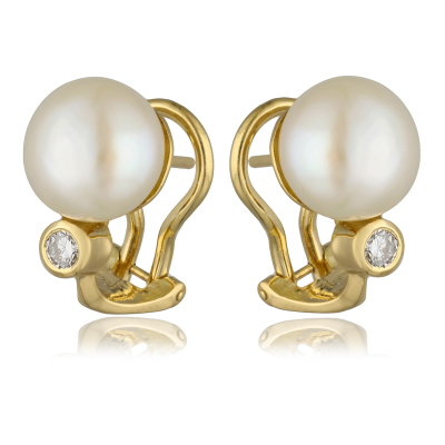 EARRING YELLOW GOLD 18KT PEARLS 9.3mm DIAMONDS 0.10ct 5.7GR