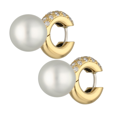 EARRING YELLOW GOLD 18KT DIAMONDS 0.65ct PEARLS 10.5mm CAD 9.7GR